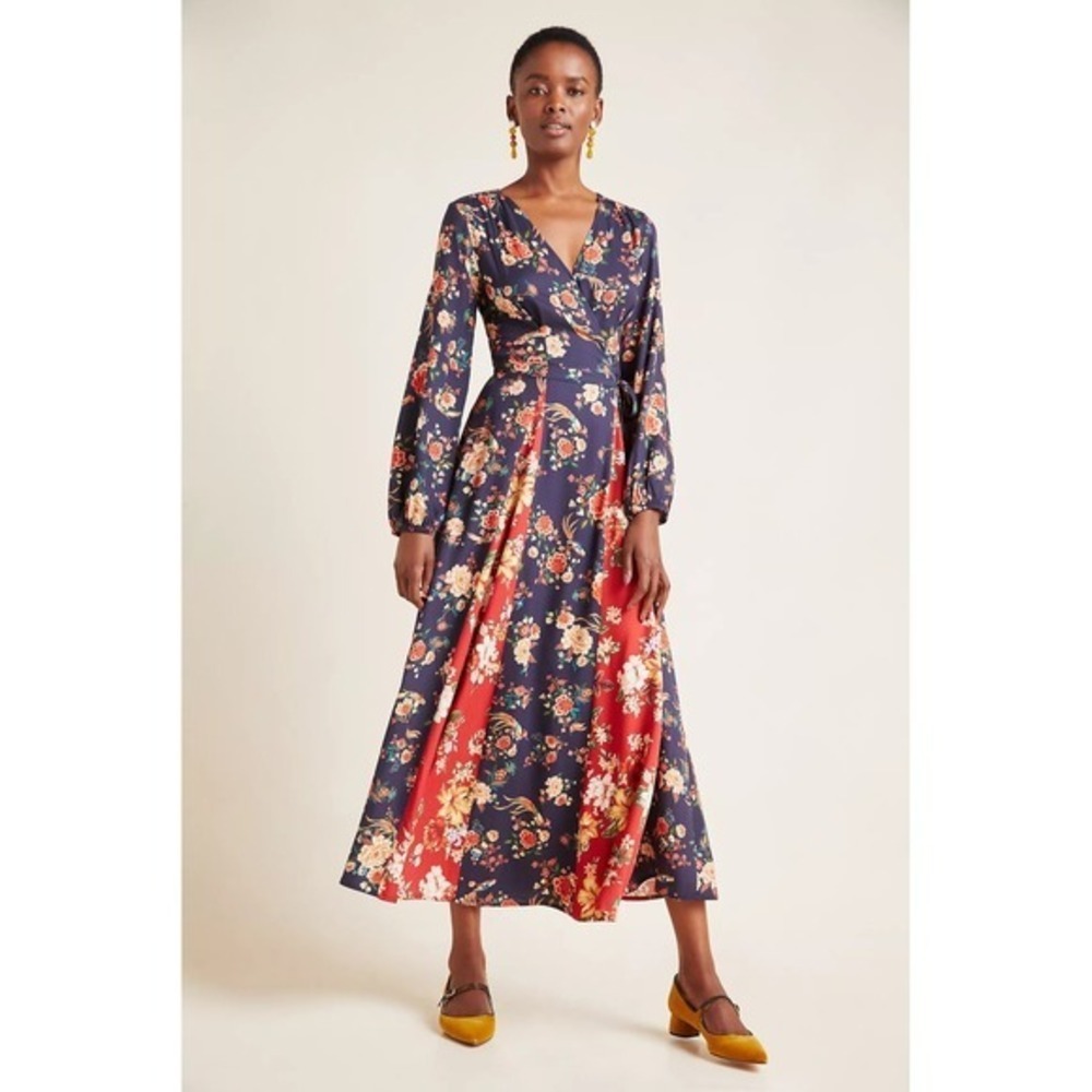 Anthropologie FARM RIO Gracia Wrap Maxi Dress Floral Birds Bohemian X-Small